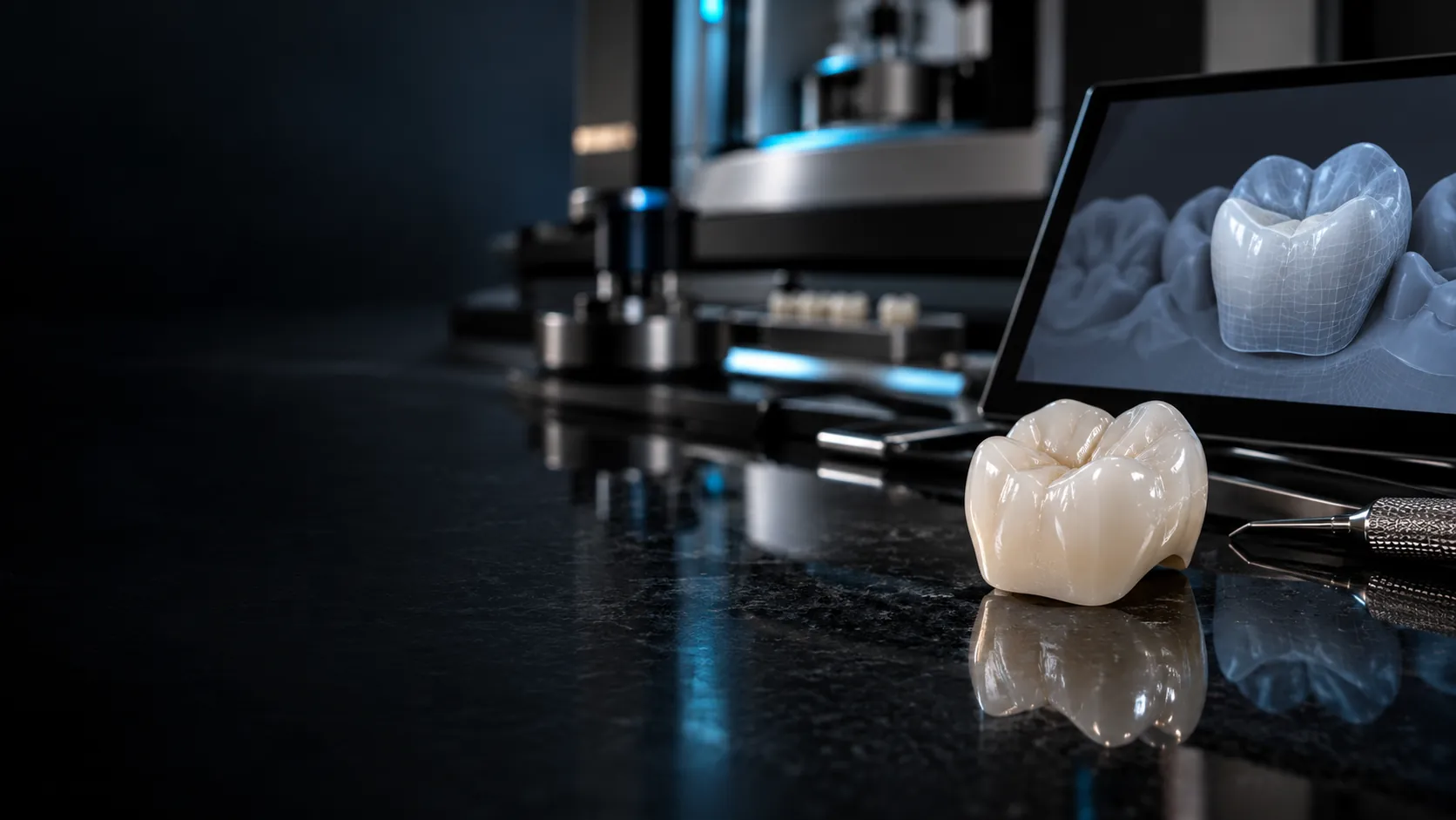 Concept image: a ceramic crown on a dark surface beside a screen showing its digital design.